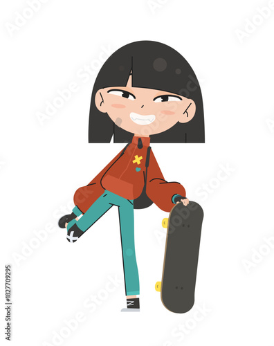 Skater Girl Character Standing with Skateboard, Stretching and Looking Confidently at the Viewer, Cute School Vector Illustration for Sporty, Creative and Learning Projects.