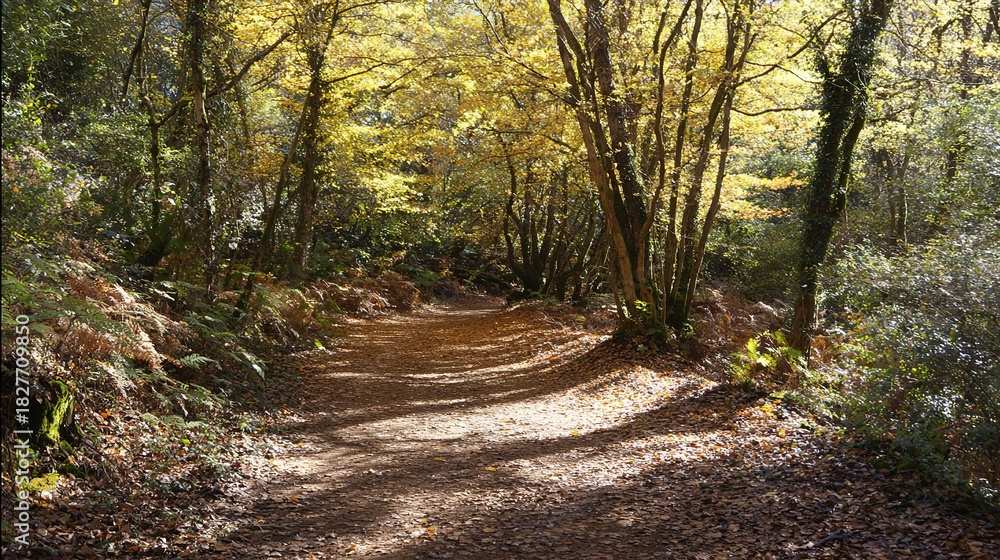 Obraz premium narrow. Narrow forest path with autumn leaves and dappled sunlight. representing seasonal cycles and harvest abundance, travel magazines, designed for travel destination branding.