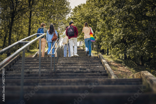 A diverse group of young friends walking up outdoor stairs in spring sunlight, symbolizing unity, inclusion and moving forward together in a natural park environment.