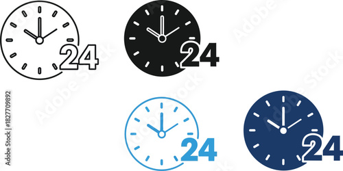 24 Hour Clock Icons Set in Outline, Black, Blue Styles on Transparent
