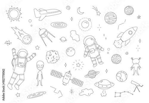 Space illustration, line art, planets, rocket, astronaut and stars. Alien sketch, doodle hand drawn childish set