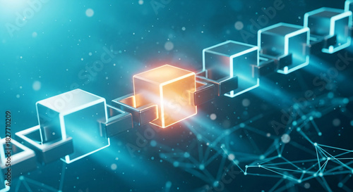 A blockchain illustration with interconnected cubes and one glowing orange cube in the center