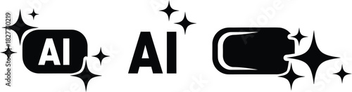 AI Text Icon, Black Letters, Starry Sparkles, Simple Shapes, Transparent Background