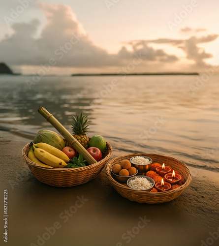 Chhath Puja Offering Baskets with Fruits, Rice, and Diyas by the River at Sunset