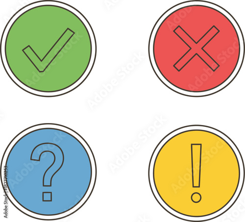 Approval Checkmark, Question Mark, Exclamation Mark & X Marks on Transparent Background