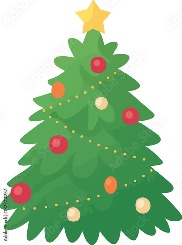 Decorated Christmas Tree Illustration with Star and Ornaments on White Background – Festive Evergreen Holiday Symbol with Lights, Baubles, and Layered Branches for Seasonal Design and Celebration Grap