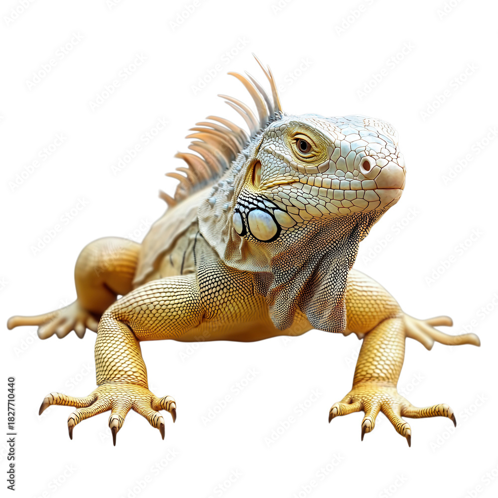 Obraz premium Colorful iguana with distinctive features posing on a flat surface in bright light.