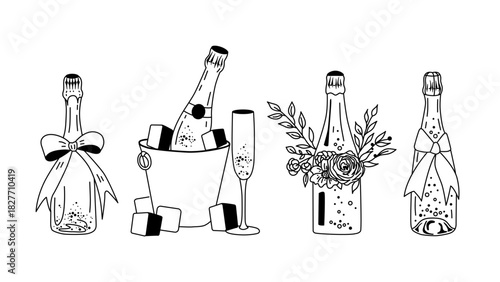 Champagne Bottle Vector Set – Celebration Drinks, Sparkling Wine, Ice Bucket, Floral Decor, Festive Bow, Party Illustration for Wedding, Christmas, New Year, Holiday Designs