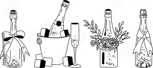 Champagne Bottle Vector Set – Celebration Drinks, Sparkling Wine, Ice Bucket, Floral Decor, Festive Bow, Party Illustration for Wedding, Christmas, New Year, Holiday Designs