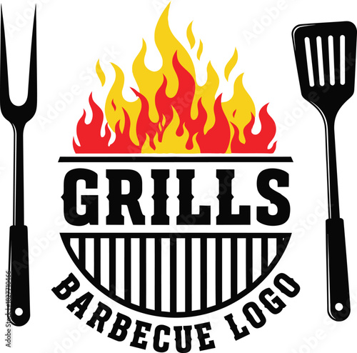BBQ Grill Flame with Spatula and Fork Icon on White Background