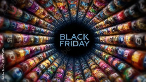 Wallpaper Mural An Engaging Visual Representation of Black Friday Sales Featuring Colorful Product Displays Arranged in Tunnel Perspective, Highlighting Consumer Excitement and Shopping Frenzy Torontodigital.ca