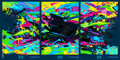Cool Colorful Neon Abstract Urban Graffiti Style A4 Posters Vector Illustration Background Templates Set