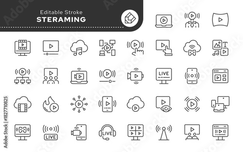 Streaming line icon set. Live stream, broadcast, streamer, video, play, blog, podcast, television, screen and more. Outline icon in linear style. Vector collection.