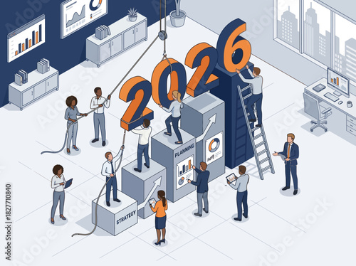 Business team collaborates to construct the future for new year 2026, a vibrant vector illustration depicting strategic planning, goal setting, and future success