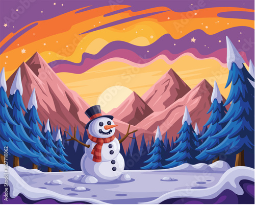 Whimsical snowman illustration in a vibrant snowy winter landscape with mountains and colorful sunset sky at dusk