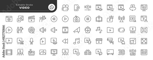 Video line icon set. Camera, player, film, cinema, clip, track, sound, play, filming, recording, shooting, cameraman, videographer, commercial, clip. Outline icon in linear style. Vector collection.