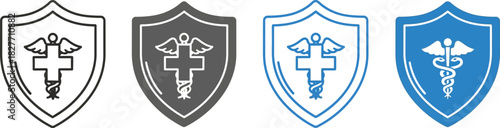 Caduceus Shield Icons Set Outline, Filled, and Blue, Medical Symbol on White