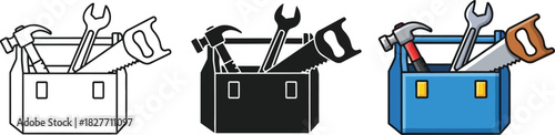 Cartoon Toolbox with Hammer, Wrench, and Hand Saw in Line Art, Silhouette, and Color