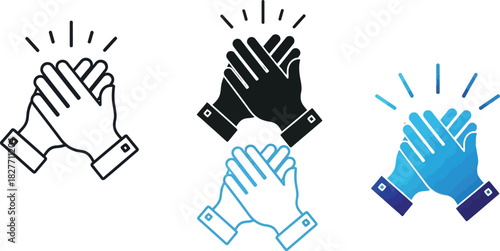 Clapping Hands Icon Set, Line Art, Black Silhouette, Gradient Texture on White