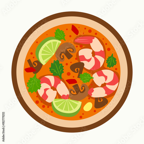 Thai soup with shrimp, lime wedges, mushrooms and herbs in a bowl. For menus, recipe cards, restaurant posters, food blogs and social media