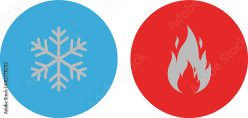 Cold Snowflake and Hot Flame Flat Icons on Blue and Red Circular Backgrounds