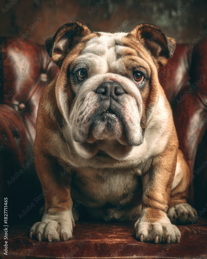 Fototapeta premium Adorable bulldog with its wrinkled face sits comfortably on a worn leather armchair, looking directly at the viewer with soulful eyes, a portrait of companionship.