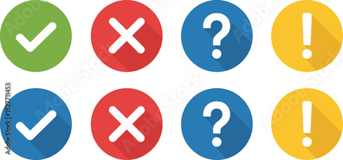 Colorful Checkmark, Cross, Question Mark and Exclamation Icons with Long Shadows