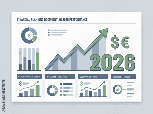Vector illustration of a comprehensive financial planning document for the new year 2026, detailing business growth, investment portfolio, and economic outlook for strategic success