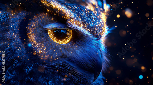 Wallpaper Mural Owl portrait with paint effects, palette of sapphire blue, golden amber, and emerald green, realistic artistic wildlife concept, AI generated Torontodigital.ca