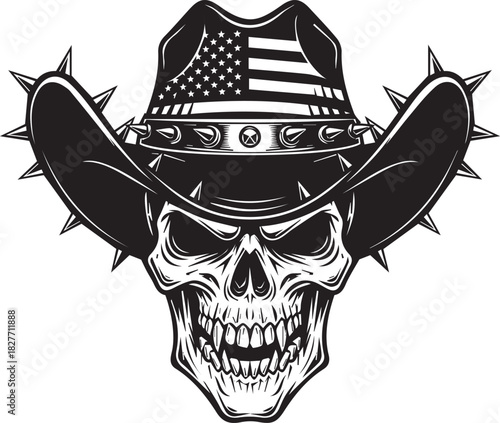 Skull in cowboy hat with American flag and spikes as a symbol of rebellious patriotism
