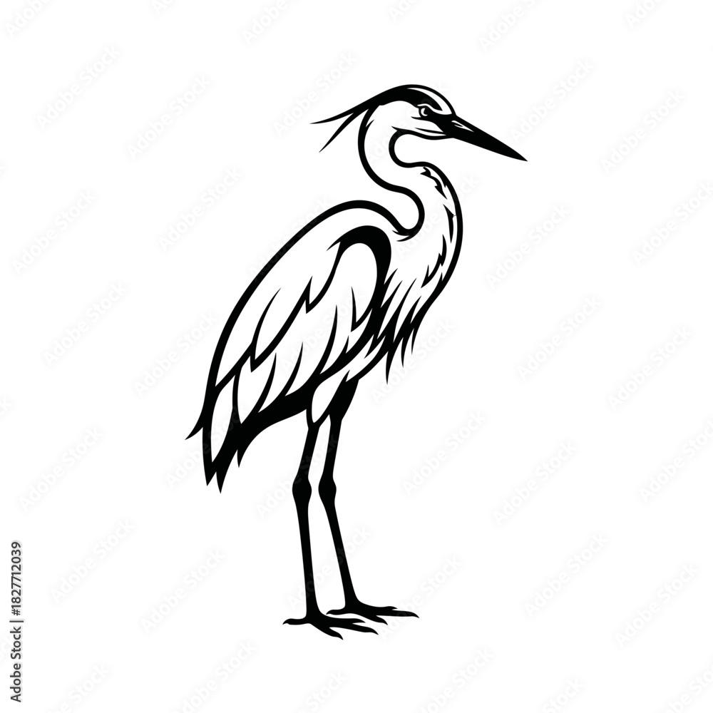 Obraz premium Heron Bird Vector Illustration – Elegant Crane Silhouette Line Art