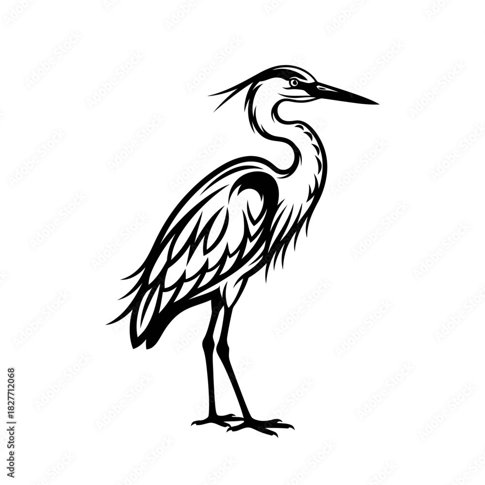 Obraz premium Heron Bird Vector Illustration – Elegant Crane Silhouette Line Art