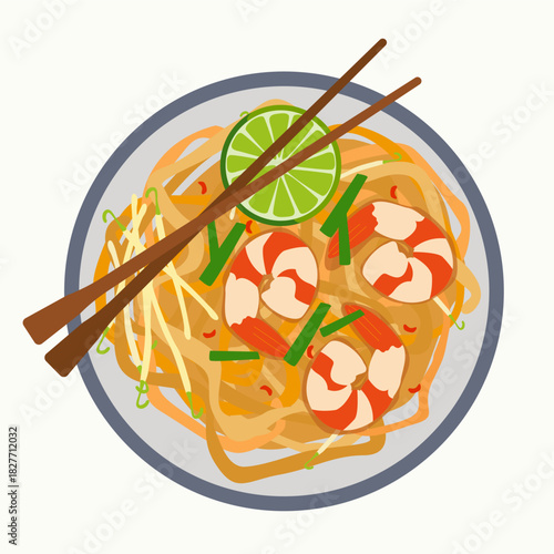 Thai Food. Pad Thai noodles with shrimp, lime wedge, sprouts and chopsticks on plate. For menus, recipe cards, restaurant posters, food blogs and social media.
