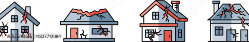 Damaged Houses Icon Set with Cracks and Ruined Roofs on White Background