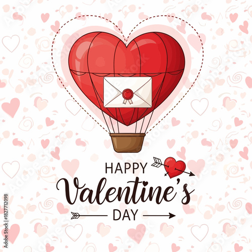 Happy Valentine’s Day Heart Hot Air Balloon with Love Letter – Romantic Greeting Design
