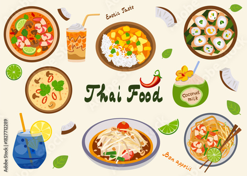 Thai food set with noodles, curries, soups, rice, rolls, coconut drinks and lime slices. For menus, restaurant posters, food blogs and social media.