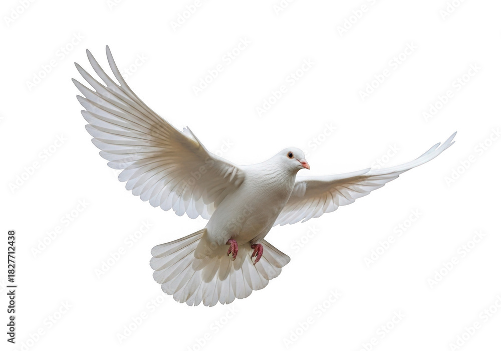Fototapeta premium A beautiful white dove with wings spread wide in flight isolated on transparent background