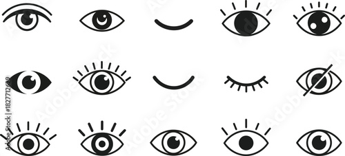 Eye Icons Set Minimalist Style, Different Shapes, Eyelashes, Black, Transparent Background