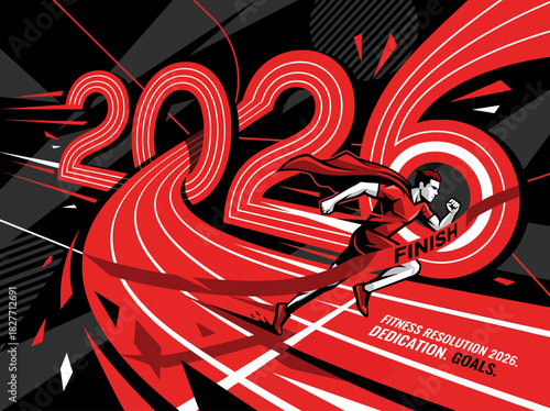 New year 2026 vector graphic illustrating a determined runner on a path of success, representing ambition and goal-setting for the future