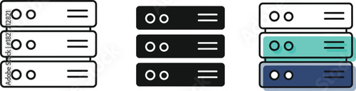 Flat Design Servers Icon Stack Hosting, Data Storage, Network in Three Variations