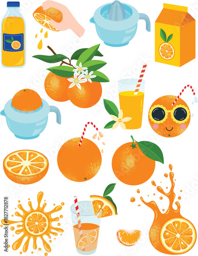 Vibrant Collection of Orange Juice and Fruit Elements