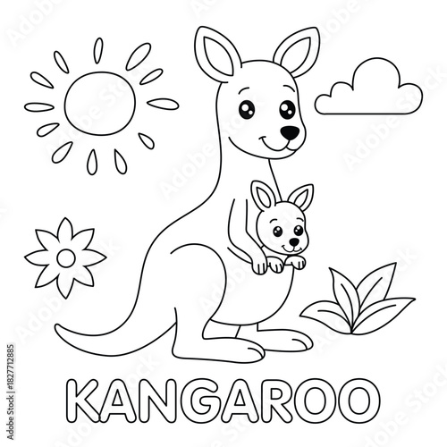 Cute Mother Kangaroo and Baby Coloring Page