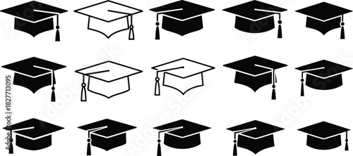 Graduation Cap Icon Set, Academic Black and White Mortarboard Hat Vectors on Transparent