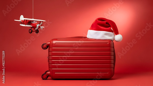 Red holiday luggage with a Santa hat and a toy airplane, ready for Christmas travel adventures