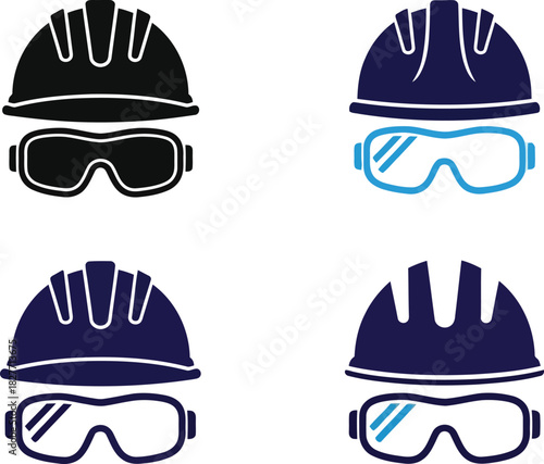 Hard Hat Safety Glasses Icon Set, Silhouette and Blue Color Variations, Isolated on White