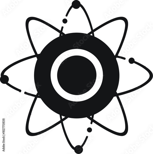 Atomic structure icon in black line style featuring nucleus and elliptical electron orbits