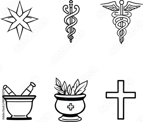Medical and spiritual symbol icon set in black line style featuring Rod of Asclepius Caduceus mortar and cross