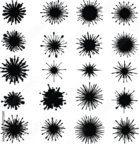 Ink splatter icon set in black line style featuring radial bursts and textured explosion patterns