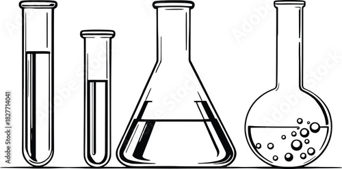 Laboratory glassware icon set in black line style featuring test tubes Erlenmeyer and round-bottom flasks