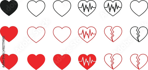 Heart Icon Set with ECG, Broken Hearts in Black and Red on Transparent Background